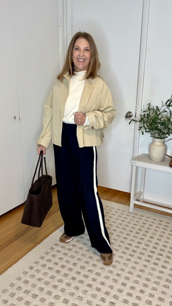 track pants styled with crop trench