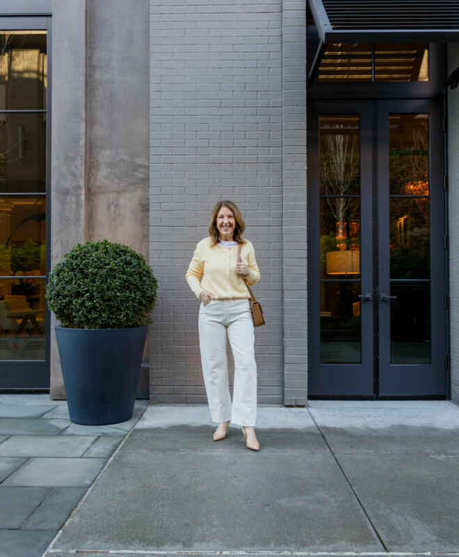 yellow reformation cardigan, Madewell barrel jeans, slingbacks