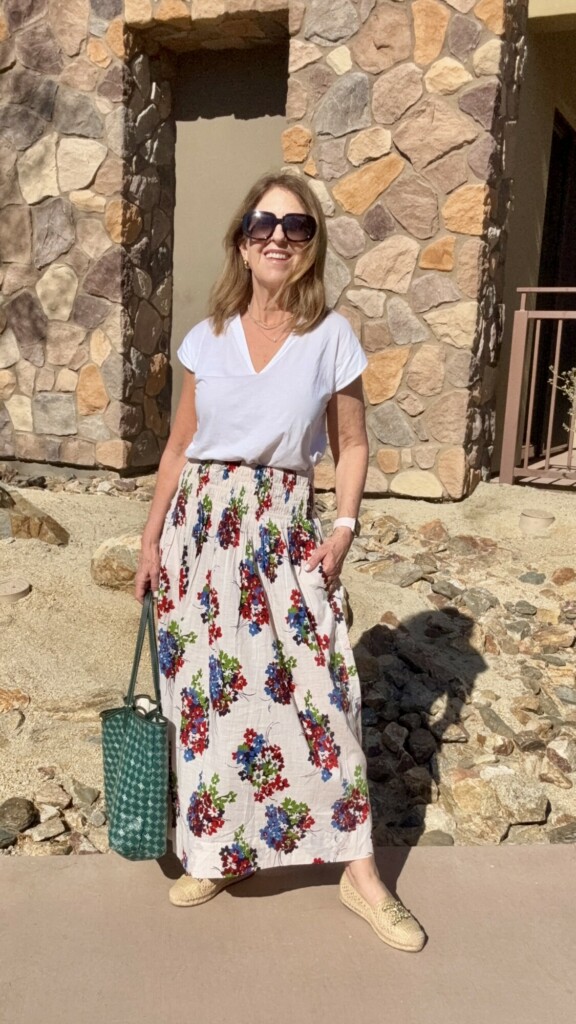 The Great skirt and Frame v-neck tee, Sam Edelman tote and espadrilles and Celine sunglasses