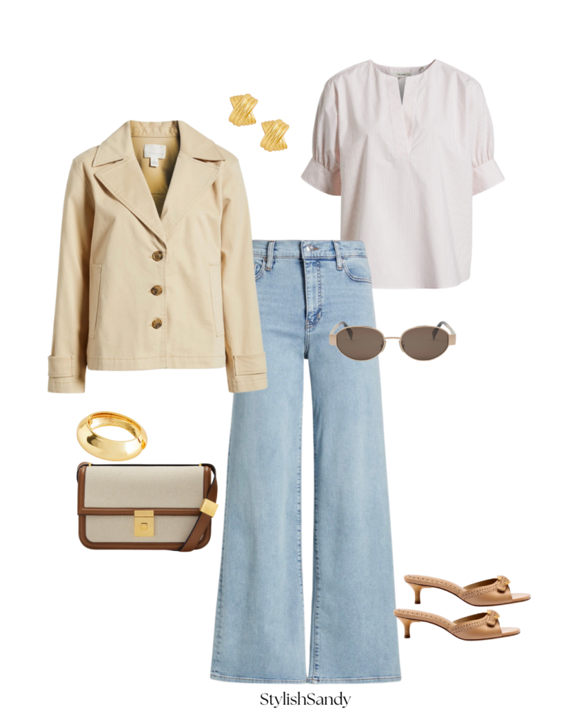 caslon cropped trench, Frame le slim palazzo jeans, Frame popover top, celine sunglasses, Demellier bag, larroude slingbacks