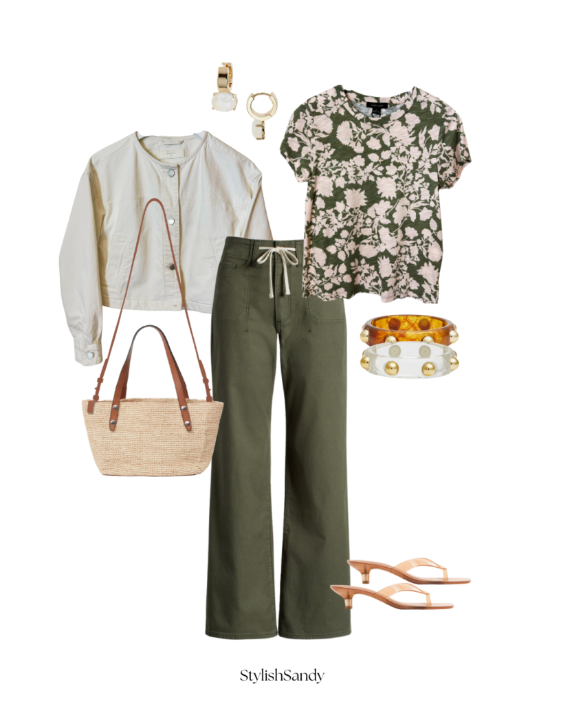 Tie front pants, white denim jacket, print t-shirt and accessories