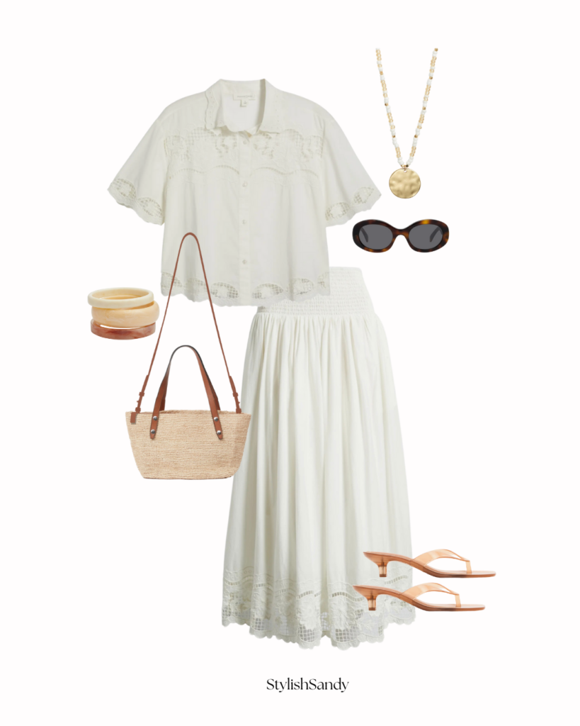 treasure & bond button-up and skirt. rag and bone straw handbag, Steve Madden jelly flip-flops, Celine sunglasses, and Nordstrom necklace and bracelets