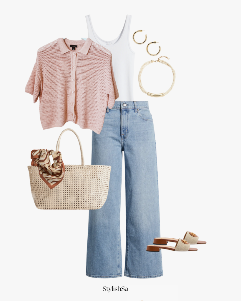 pink open knit cardigan, jeans by nordstrom raffia tote and sandals
