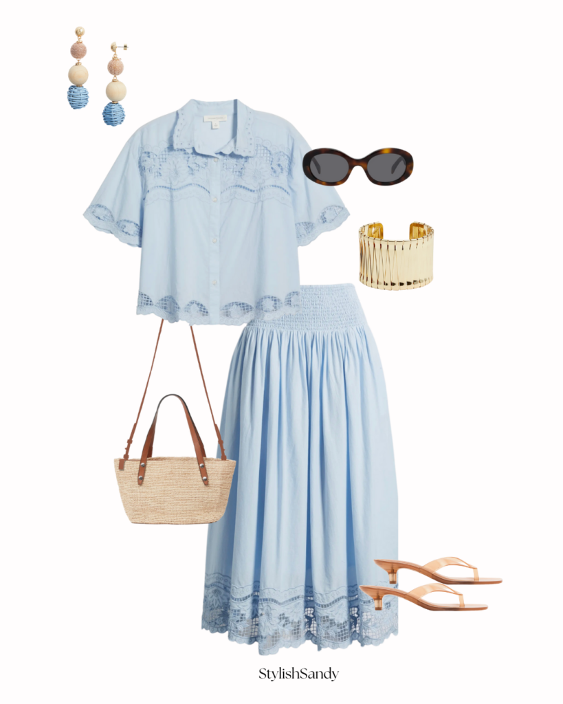 treasure & bond button-up and skirt. rag and bone straw handbag, Steve Madden jelly flip-flops, Celine sunglasses, and Nordstrom necklace and bracelets