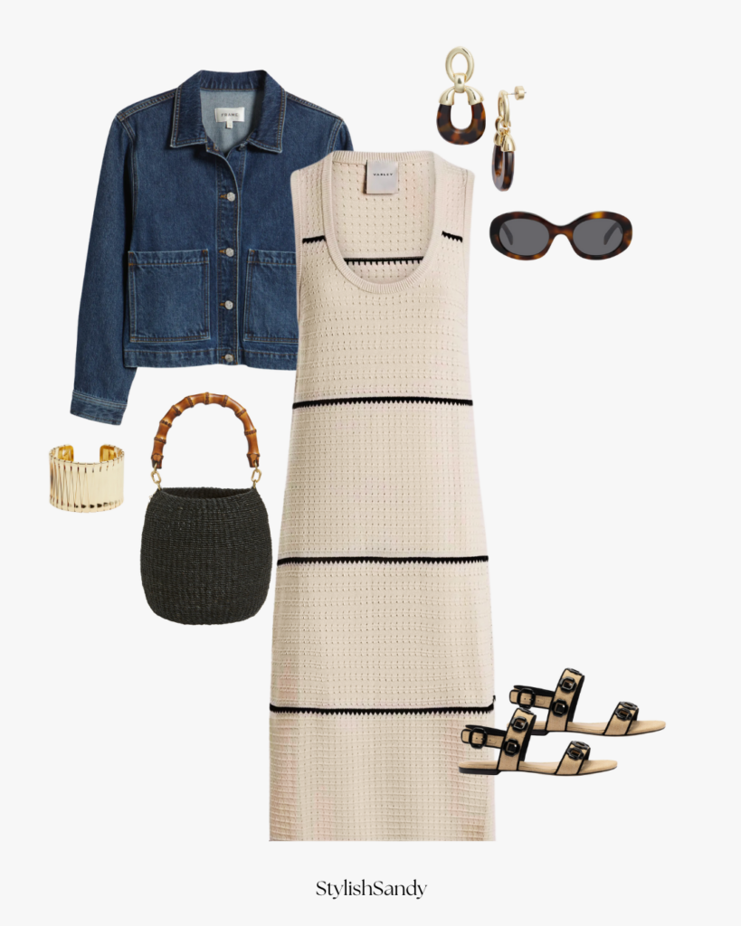 Knit dress by Varley, denim jacket, flat sandals, and accessories