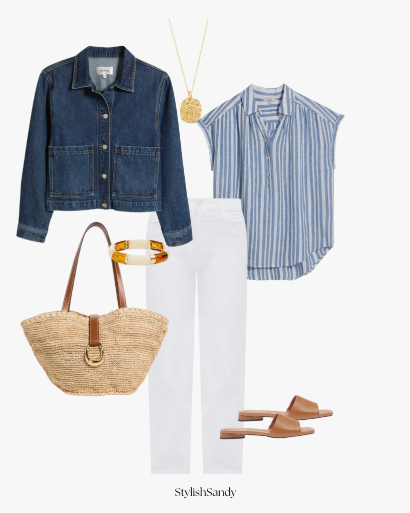 summer outfit inspo: white jeans, jean jacket, striped shirt