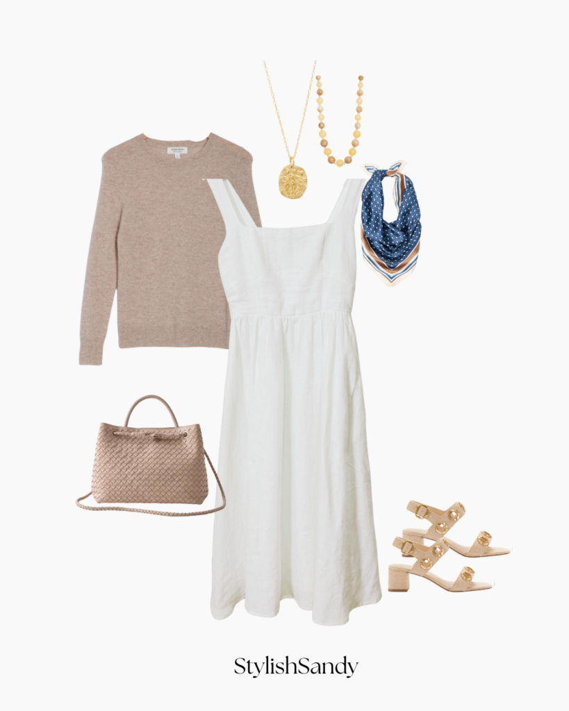 Quince sundress, Nordstrom cashmere sweater, Larroude heels, Evereve scarf, Quince bag