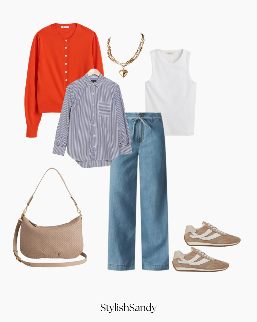 Paige Zoey jeans, Vince sneakers, Madewell cardigan, Rag & Bone button-up and Madewell tank
