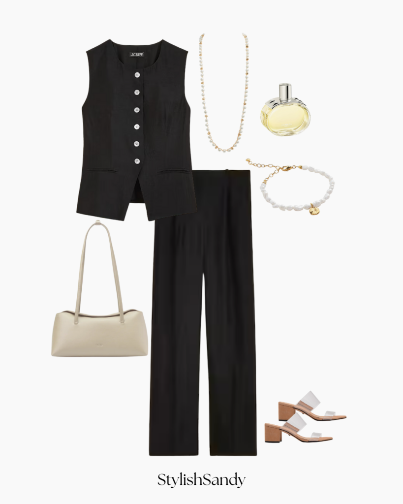 J.Crew Satin vest and trousers. heels, Freja bag