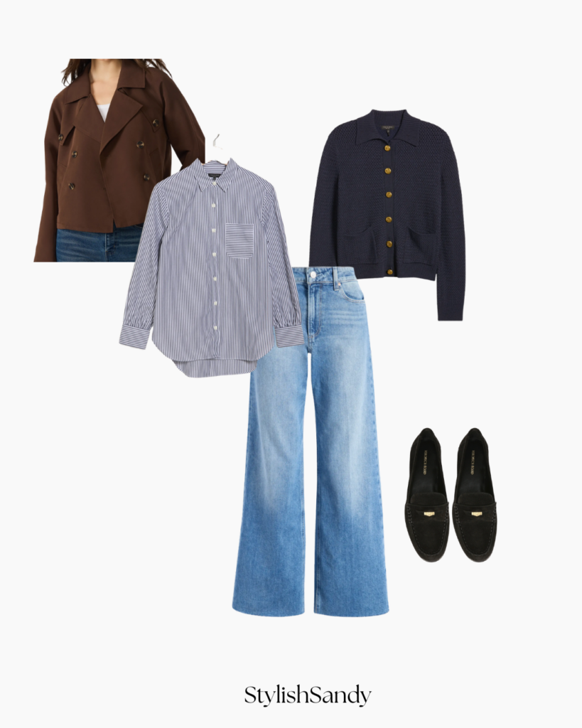 frame le slim palazzo jean, rag and bone button up and cardigan, veronica beard loafers.