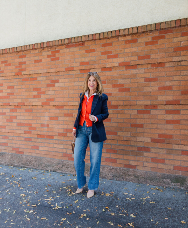 Halogen navy pinstriped blazer, fiery orange cardigan and barrel jeans