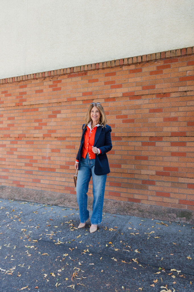 Halogen navy pinstriped blazer, fiery orange cardigan and barrel jeans