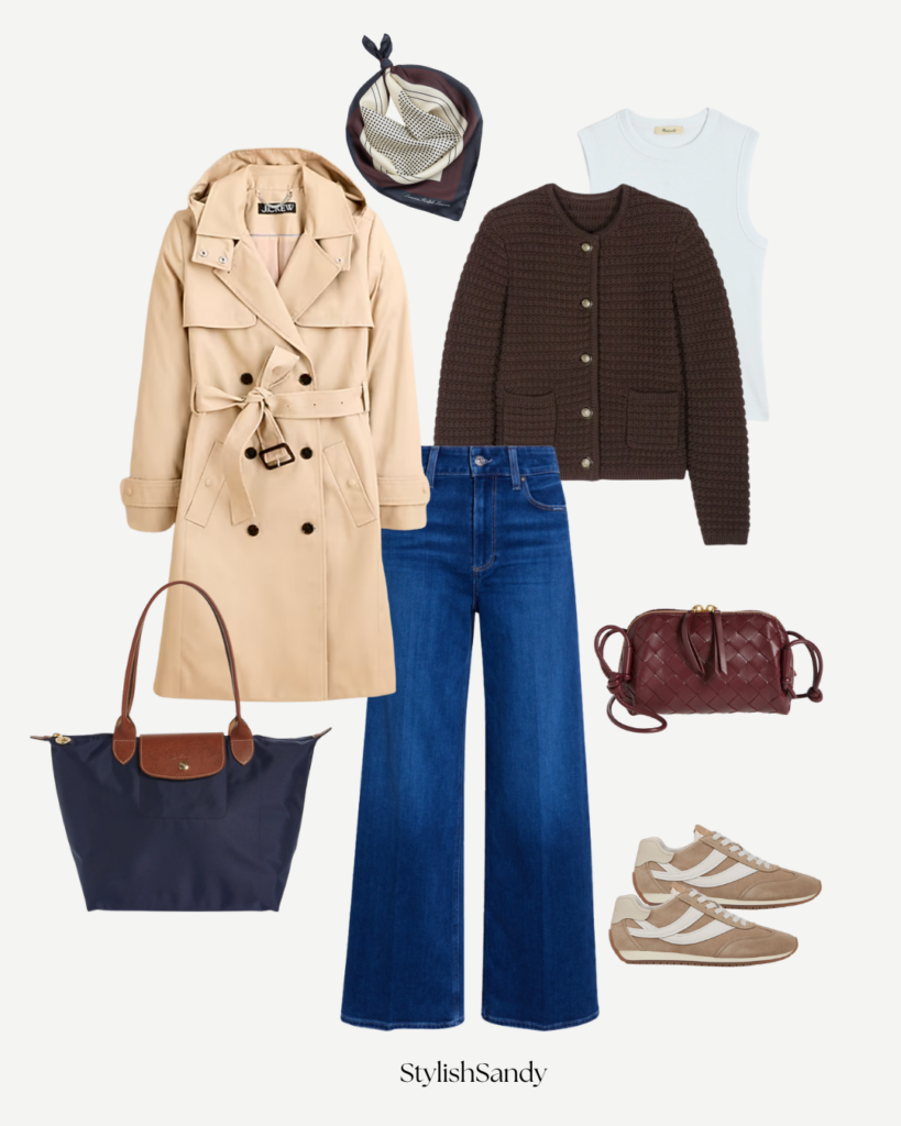 J.Crew trench, bash Gaspard, Paige jeans and Vince sneakers