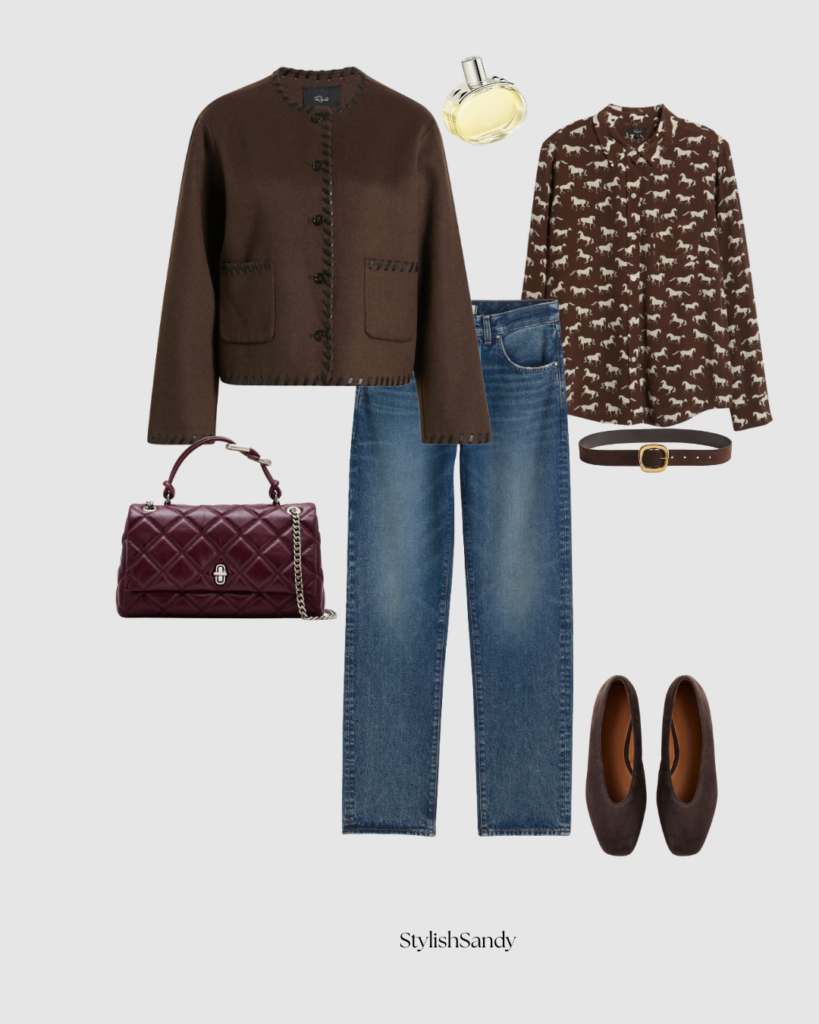 rails jacket, horse print button up, madewell jeans, ballet flats