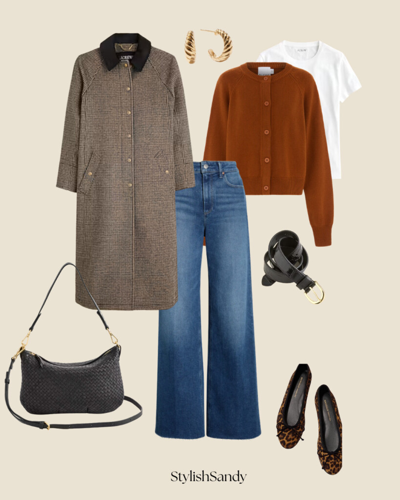 jcrew coat, cardigan leopard flats and jeans