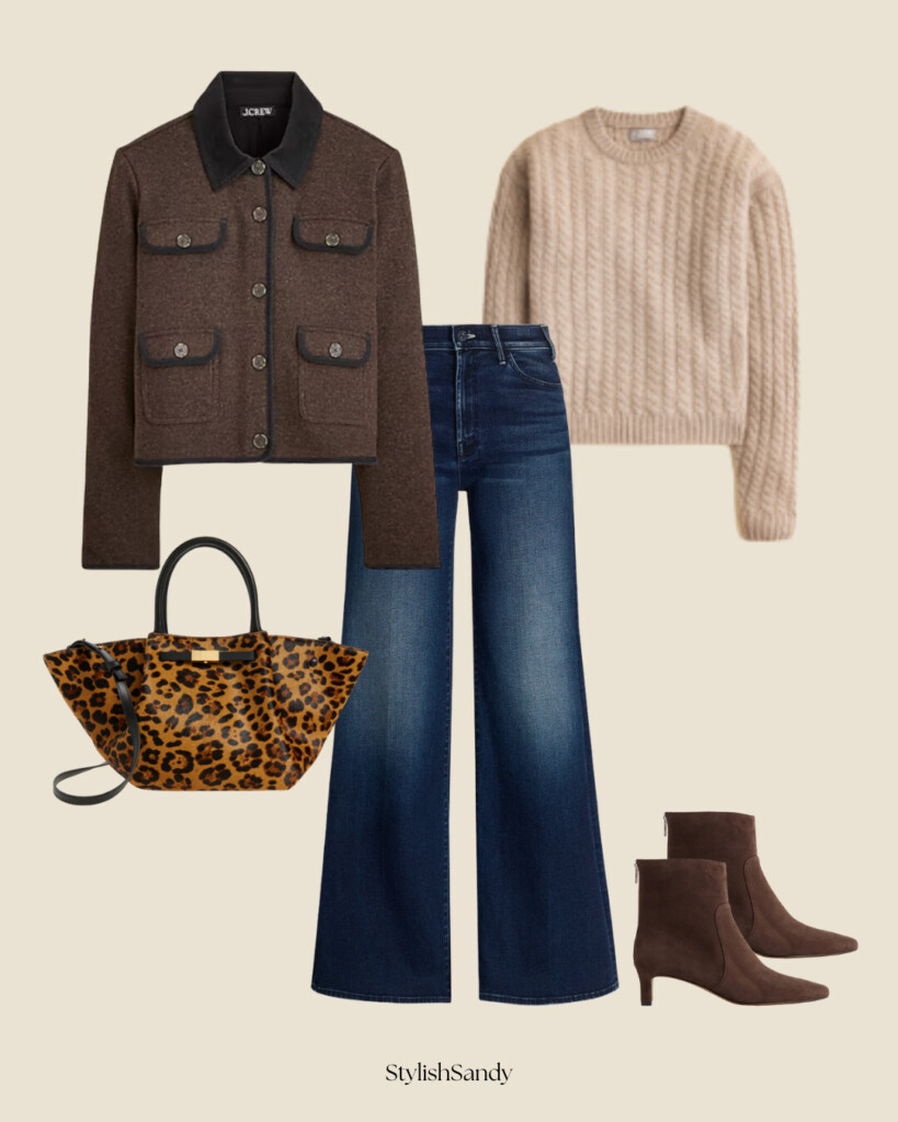 leopard bag with wide-leg jeans, short jacket, cable knit sweater, and suede boots.