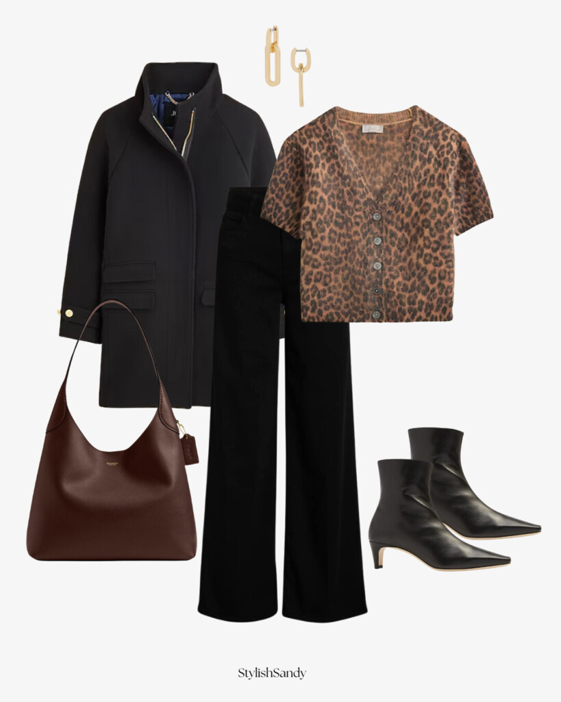 black coat, jeans, boots, leopard top