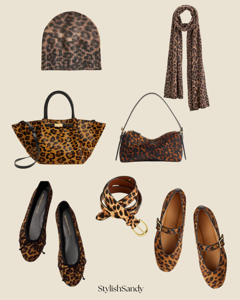 leopard ballet flats, handbag, scarf and hat