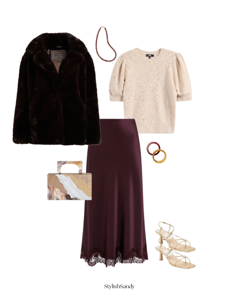 burgundy silk skirt and faux fur jacket