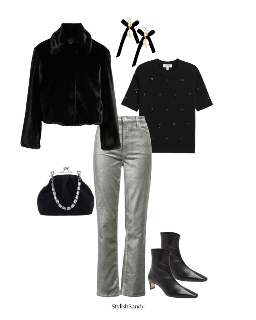 black fur coat and velvet pants for holiday