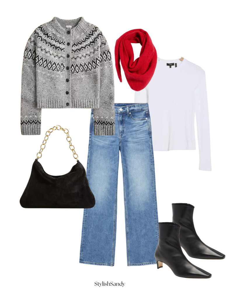 fair isle sweater and red scarf 