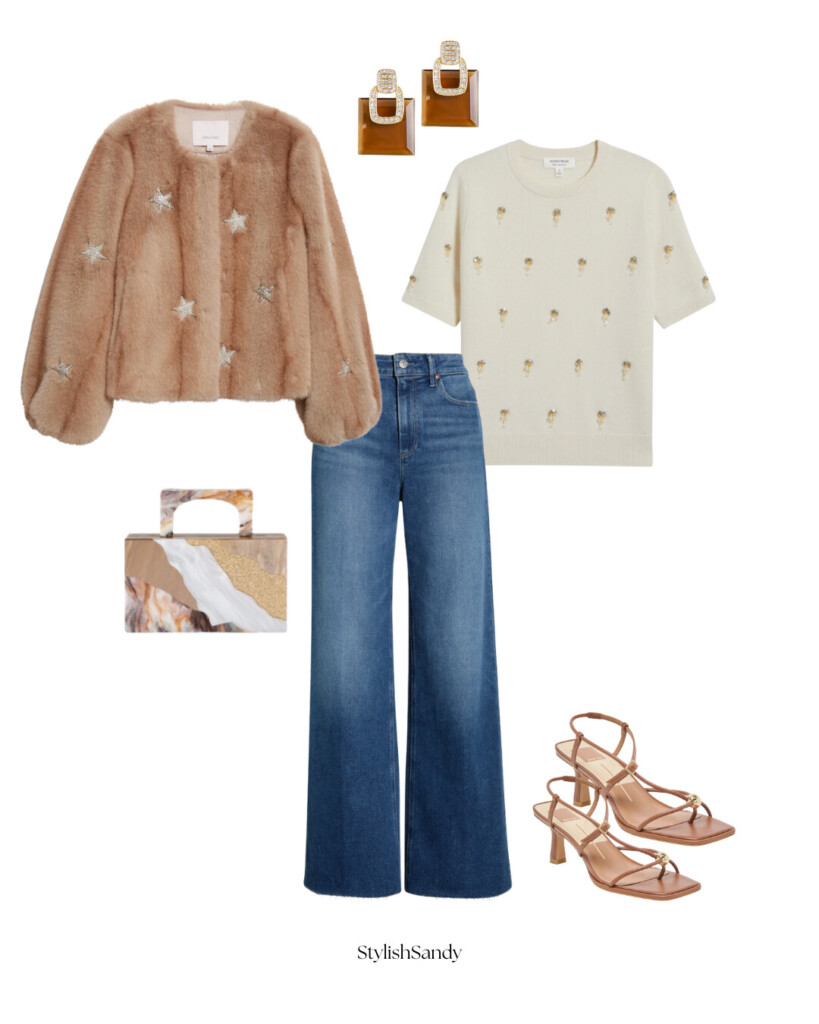 cinq a sept fur jacket, beaded swearer and jeans for holiday