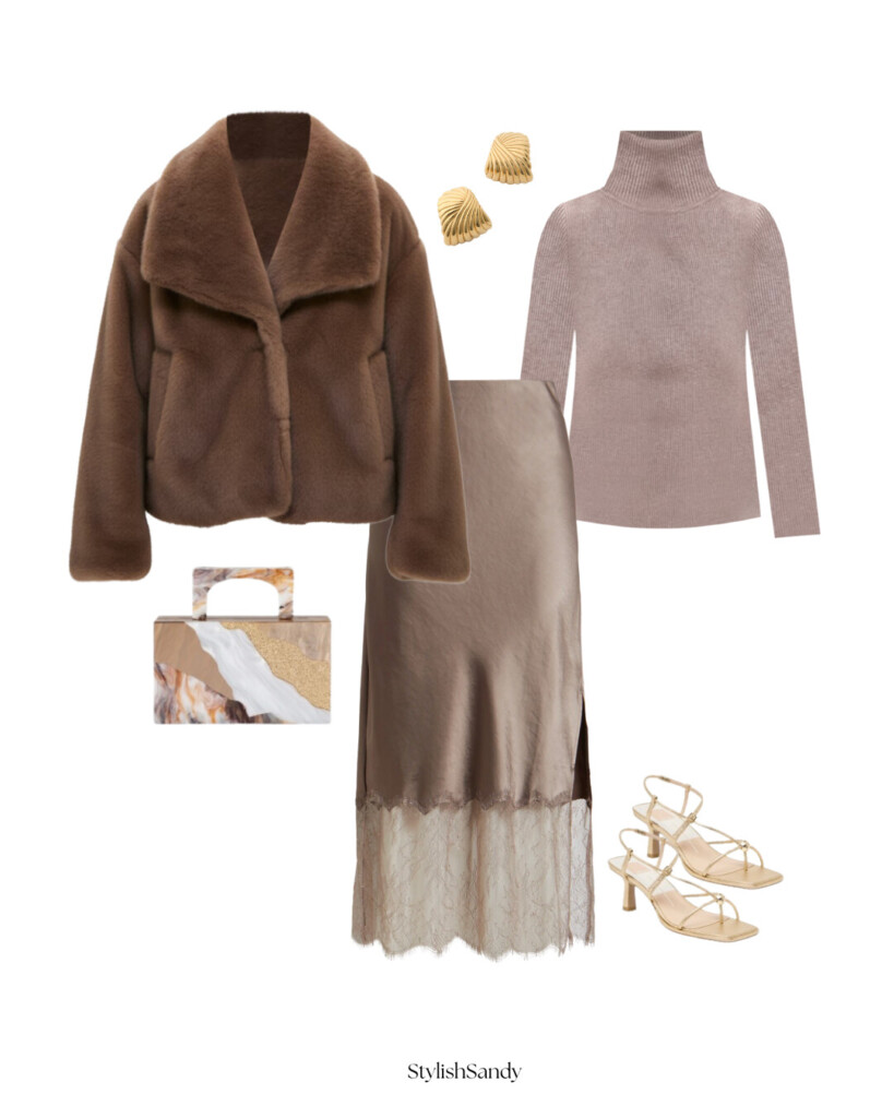Taupe faux fur coat and satin lace skirt for holidays