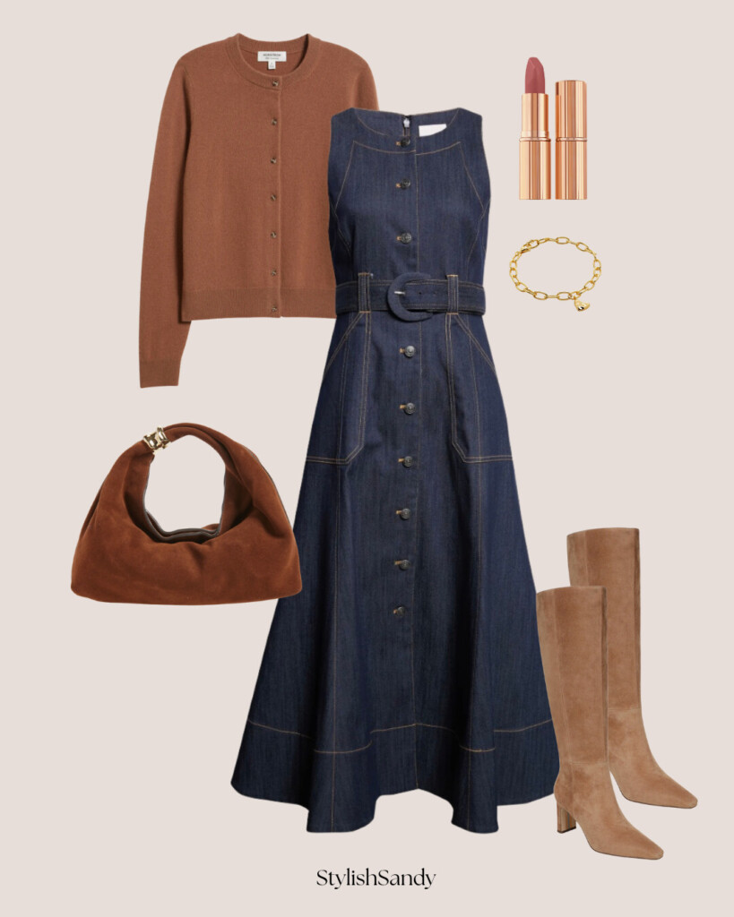 cinq a sept dress, cognac handbag, boots, cardigan and bracelet
