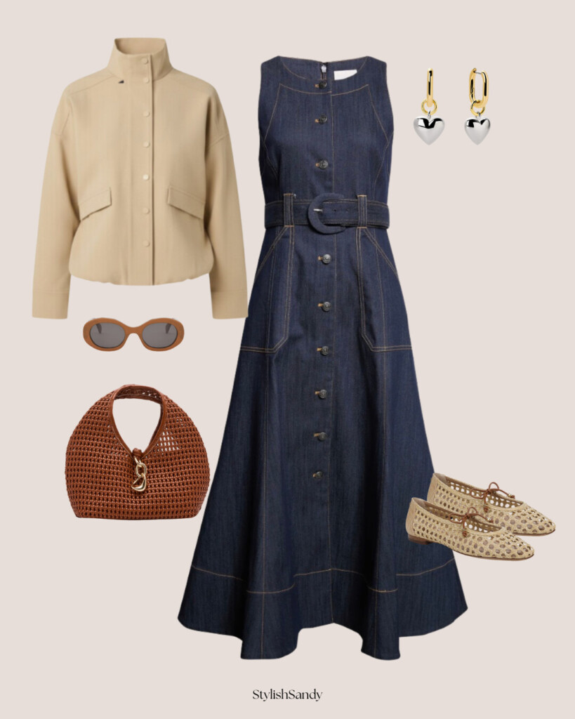 winter resort to spring outfit, denim dress, ratan shoes, woven bag sunnies, earrings , coat