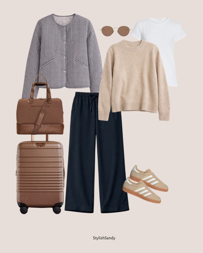 Aritzia Lodge pant, Quince sweater, Beis suitcase, Barbour jacket