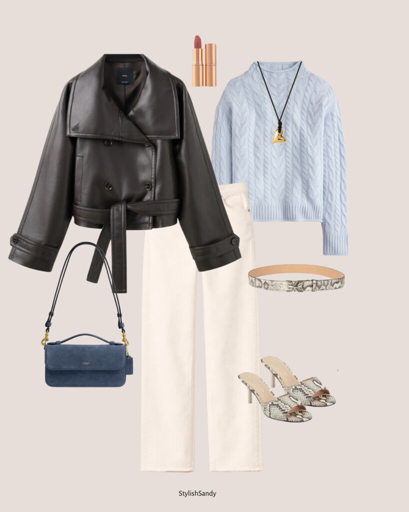 faux leather jacket & blue sweater, white jeans
