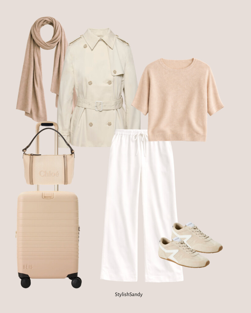 Aritzia Lodge pants in Crepette, quince sweater, Aritzia trench, sneakers and Beis luggage