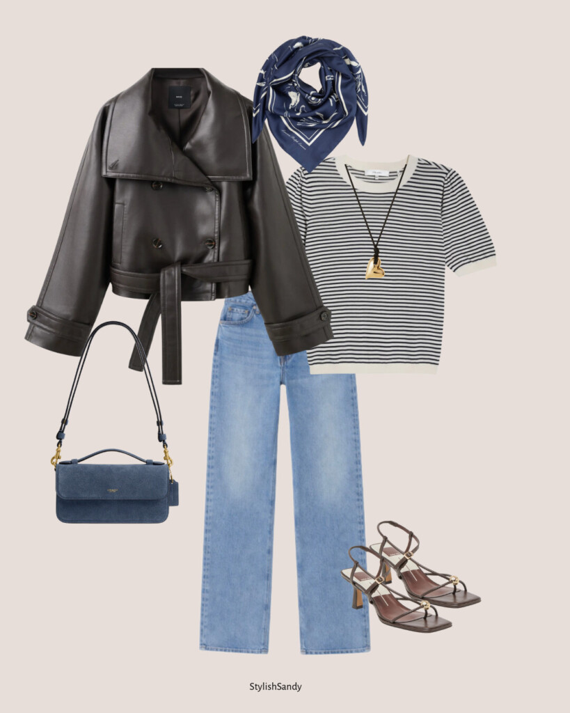 faux leather funnel neck jacket, stripe shirt, jeans outfit