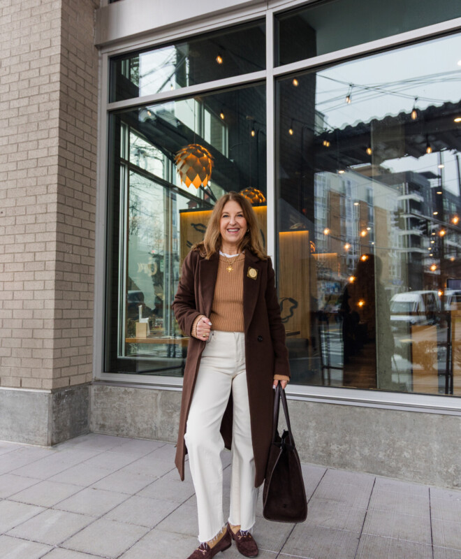 white wide-leg jeans camel sweater and brown wool coat