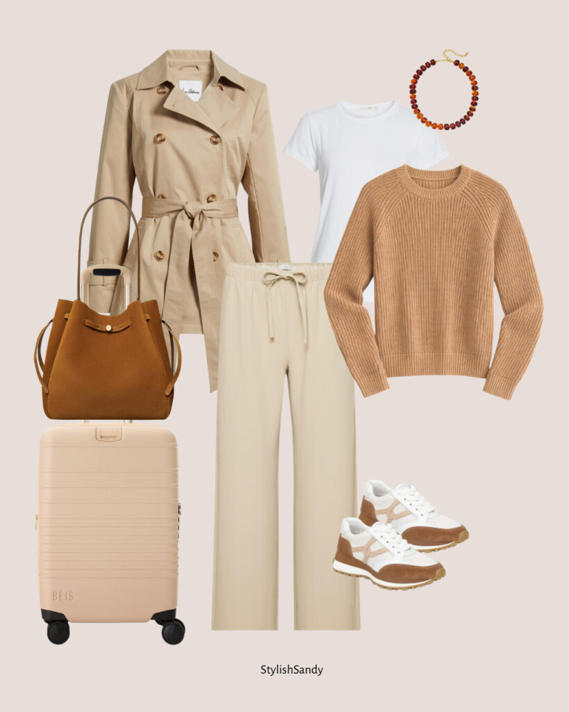 Aritzia Lodge Pant, Quince Fisherman Sweater, Tory Burch Bag, Veronica beard Sneakers, Rag & Bone tee, Beis luggage 