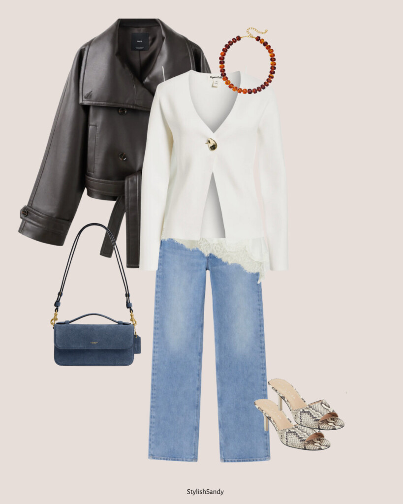 faux leather jacket white camisole, cardigan, and jeans
