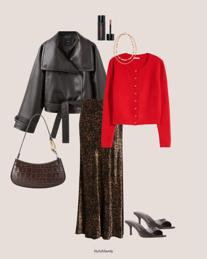 valentines day outfit - leopard skirt and red cardigan