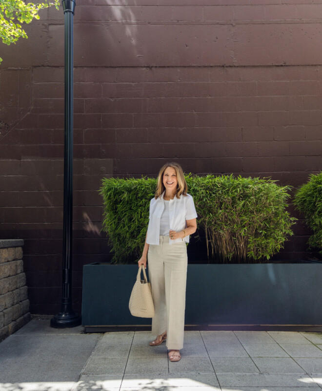 vince top, naghedi bag, trousers and sandals