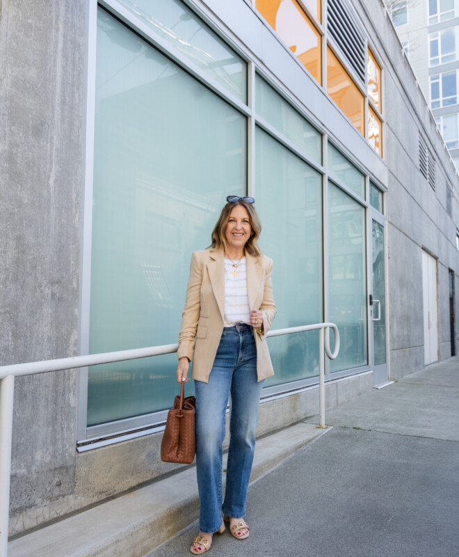Veronica Beard Blazer, splendid striped sweater, Mother relaxed kick it jeans and Larroude sandals