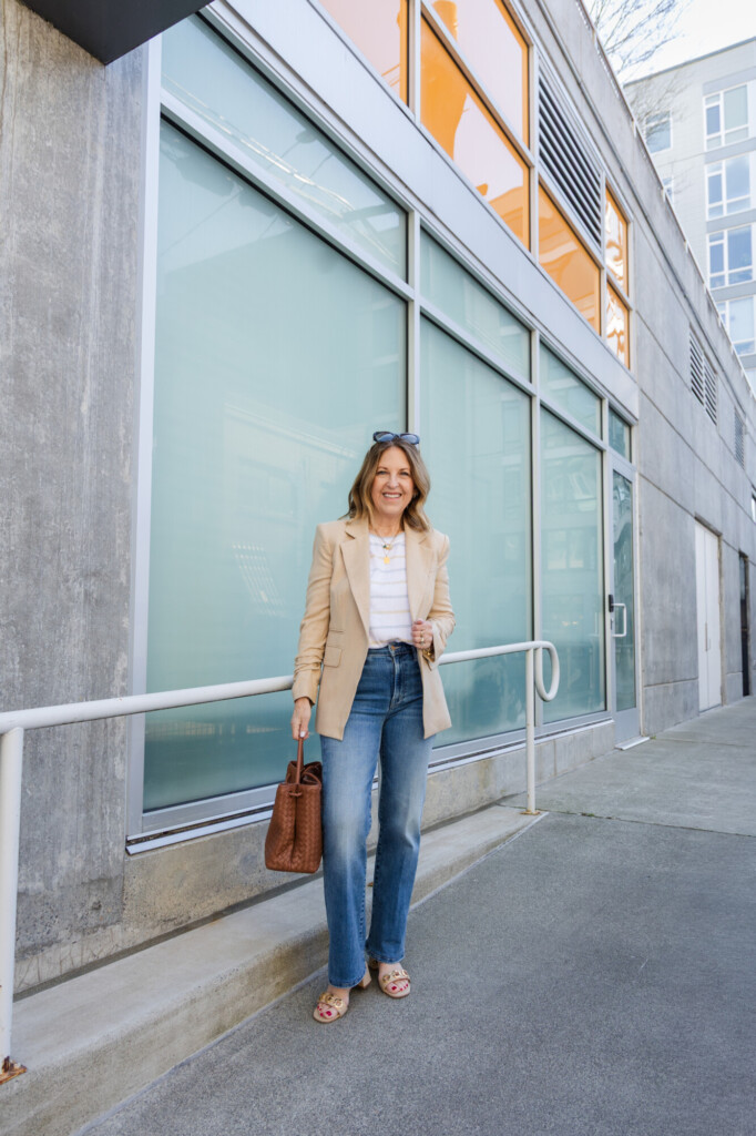 Veronica Beard Blazer, splendid striped sweater, Mother relaxed kick it jeans and Larroude sandals