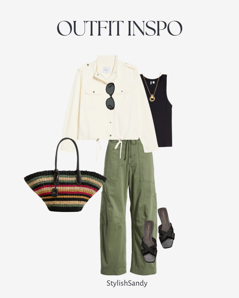 green pistola pants and cognac color sandals