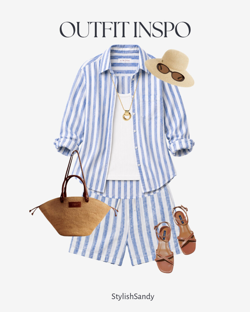 stripe short outfit with carmel color sandals