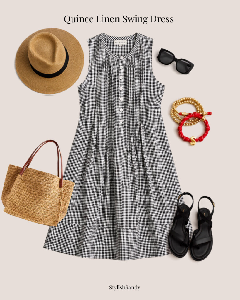 quince linen swing dress with hat rattan tote sandals, sunnies and bracelets