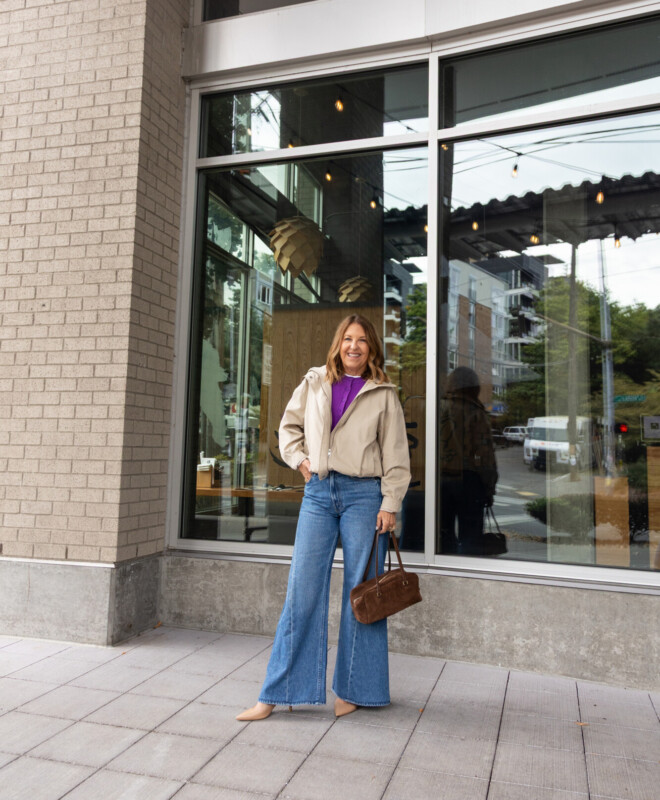 Aritzia funnel neck jacket, purple cardigan, mother lemon twist jeans.