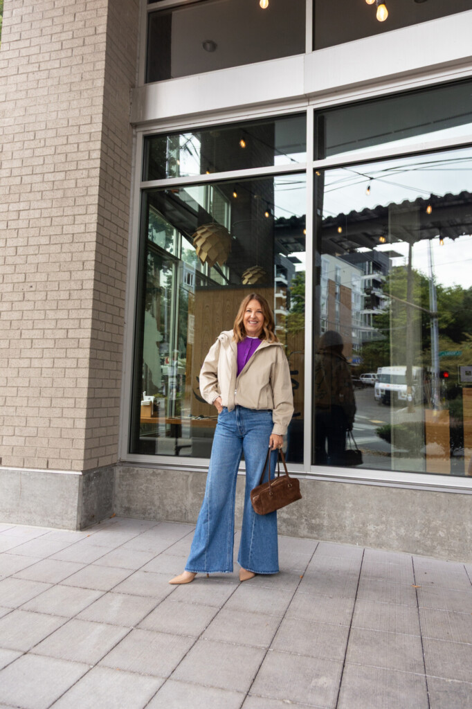 Aritzia funnel neck jacket, purple cardigan, mother lemon twist jeans.