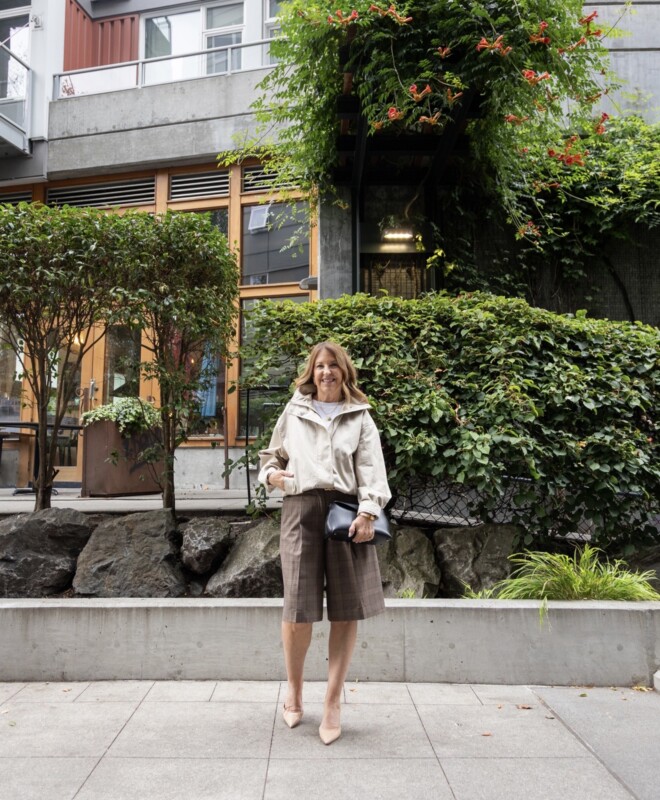 tailored shorts and slingbacks, funnelneck jacket