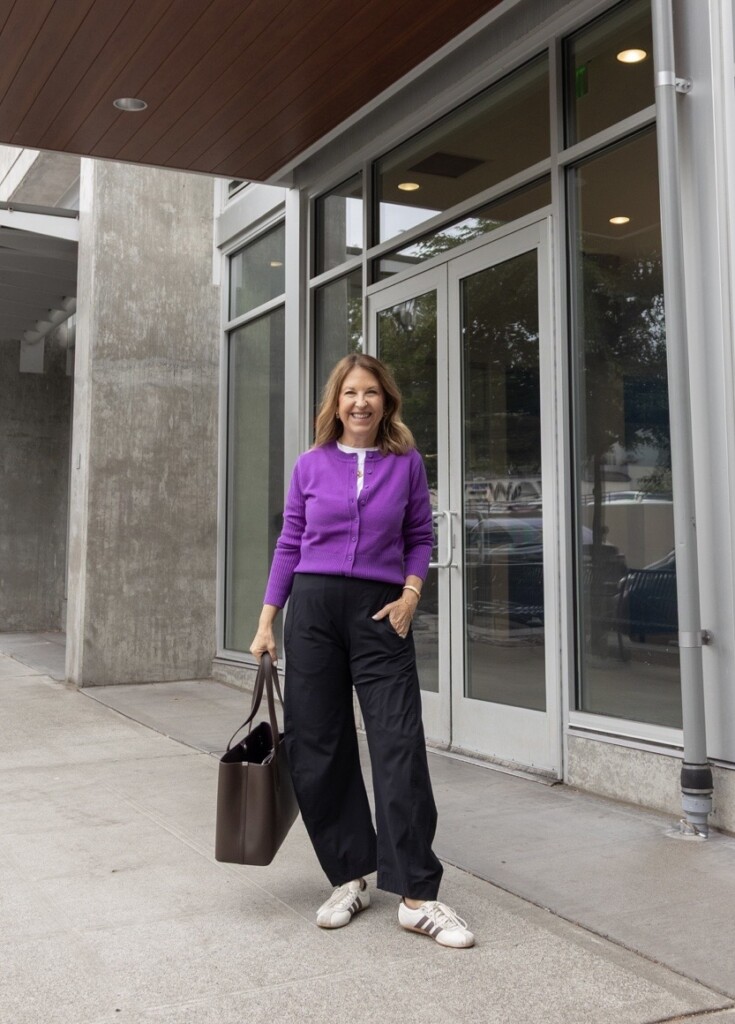 ruti pants, adidas toyko and trending purple cardigan