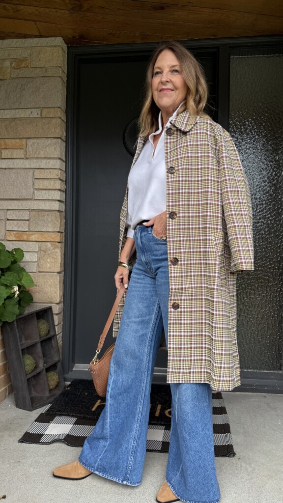 Avara plaid coat and mother lemon twist jeans
